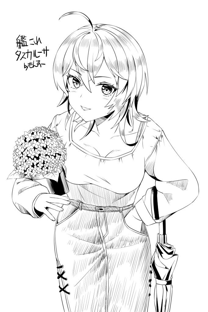 1girl ahoge bouquet breasts character_name denim denim_skirt hand_in_pocket kantai_collection leaning_forward lineart medium_breasts medium_hair monochrome monsuu_(hoffman) official_alternate_costume skirt solo tuscaloosa_(kancolle) umbrella
