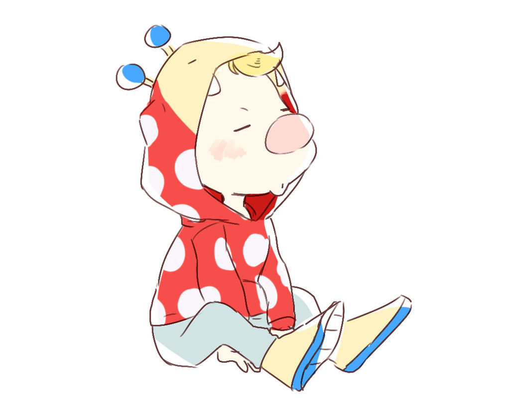 1boy big_nose blonde_hair blue_pants blue_trim blush boots bulborb character_hood closed_eyes commentary cutie-png english_commentary hands_on_lap louie_(pikmin) open_mouth pants pikmin_(series) pikmin_2 polka_dot_sweater red_sweater sharp_teeth short_hair sitting sketch sweater teeth very_short_hair white_footwear