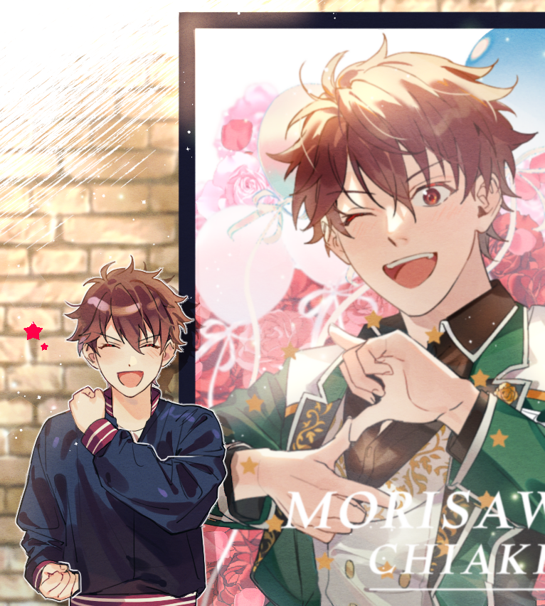 1boy balloon brown_eyes brown_hair buttons character_name clenched_hands closed_eyes collared_shirt commentary ensemble_stars! facing_viewer flower jacket lapels long_sleeves male_focus morisawa_chiaki notched_lapels official_alternate_costume one_eye_closed open_mouth poster_(object) shirt short_hair solo star_(symbol) teeth upper_body upper_teeth_only user_ckgr5884