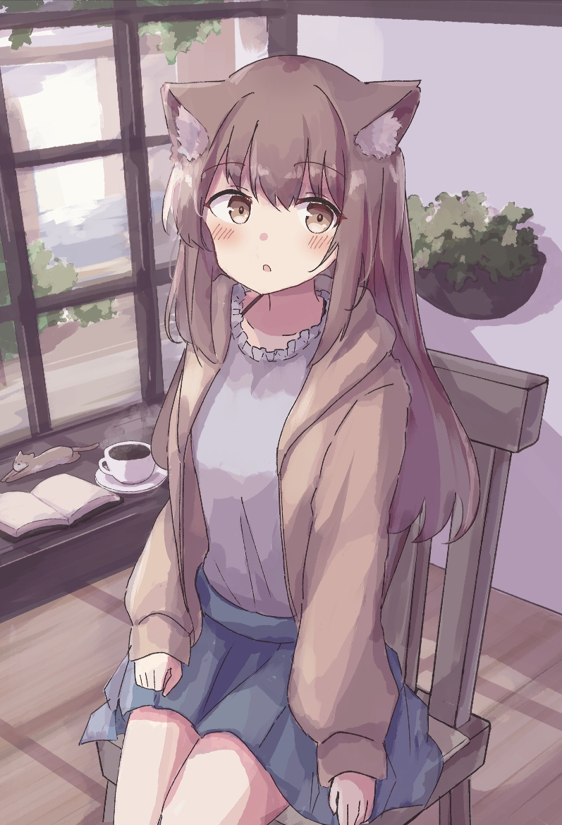 1girl :c animal_ear_fluff animal_ears blue_skirt blush book bra_strap brown_eyes brown_hair brown_jacket cat_ears cat_girl coffee coffee_cup colon_br cowboy_shot cup disposable_cup drink grey_shirt hair_between_eyes hand_on_own_leg high-waist_skirt hood hood_down hooded_jacket indoors jacket long_hair long_sleeves looking_to_the_side miniskirt open_book open_clothes open_jacket open_mouth original plant pleated_skirt potted_plant raised_eyebrows saucer shirt shirt_tucked_in sidelocks sitting skirt solo straight_hair window wooden_chair
