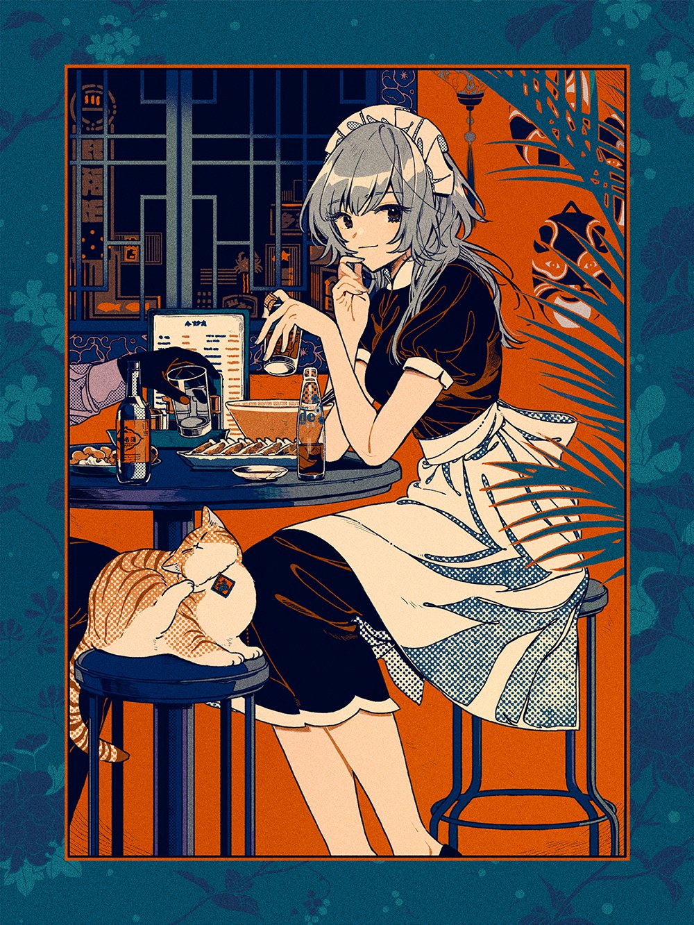 1girl apron architecture black_dress blue_border border bowl cat chinese_text chopsticks cup dress drinking_glass east_asian_architecture fern food highres holding holding_cup indoors keishin light_smile limited_palette long_dress long_hair long_sleeves looking_at_viewer maid_headdress menu original plate puffy_short_sleeves puffy_sleeves short_sleeves sideways_glance sitting solo_focus stool tabby_cat waitress window