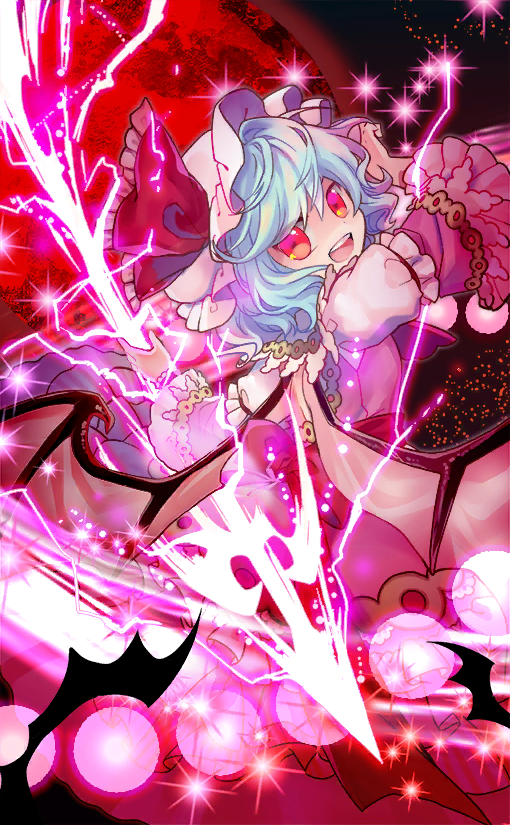 1girl attack back_bow bat_(animal) bat_wings blue_hair bow collar collared_dress danmaku dark_background dress frilled_bow frilled_collar frilled_hat frilled_sleeves frills from_behind full_moon hand_on_own_head hat hat_bow holding holding_weapon layered_sleeves long_sleeves looking_at_viewer looking_back mob_cap moon night official_art open_mouth pink_dress red_bow red_eyes red_moon remilia_scarlet sequins short_hair short_over_long_sleeves short_sleeves smile socha sparkle spear_the_gungnir spell_card teeth touhou touhou_cannonball upper_teeth_only weapon white_headwear wide_sleeves wings