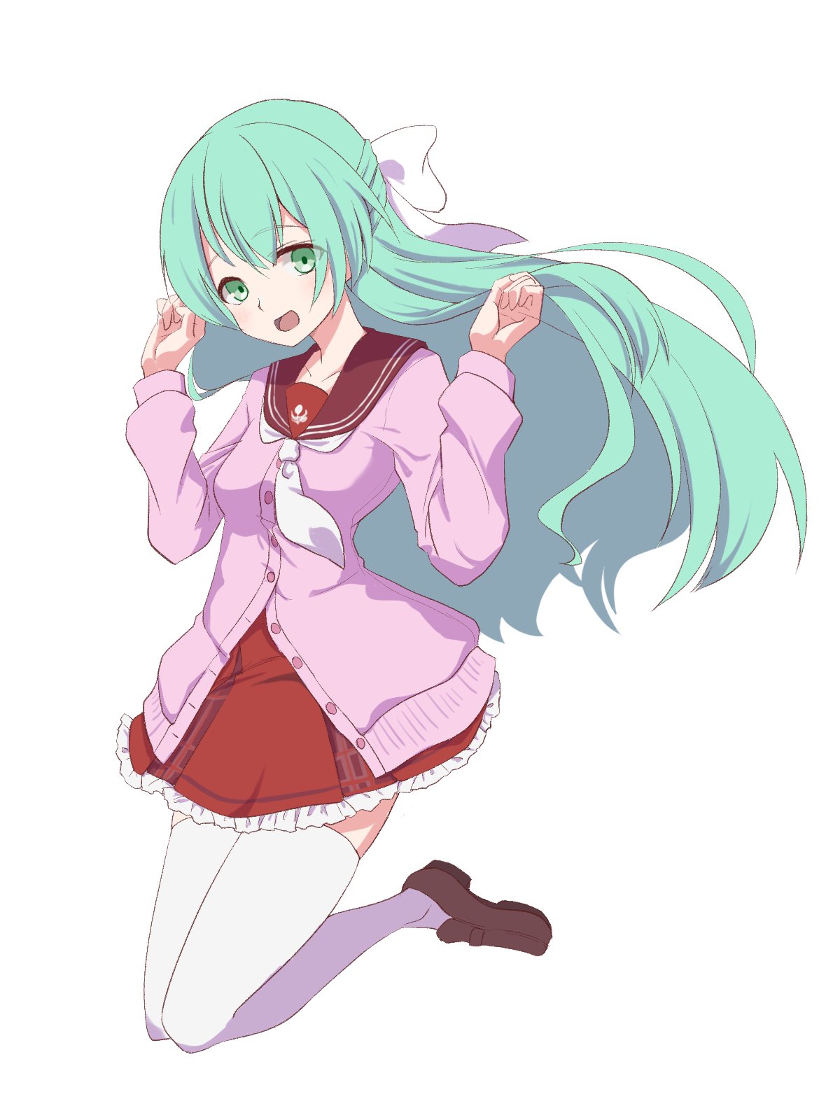 1girl :d assault_lily bow brown_footwear brown_sailor_collar buttons cardigan commentary floating_hair frilled_skirt frills full_body green_eyes green_hair gumoyu hair_between_eyes hair_bow half_updo hands_up highres kanba_girls_high_school_uniform knees_together_feet_apart legs_up light_blush loafers long_hair long_sleeves looking_at_viewer midair miniskirt necktie open_mouth partially_unbuttoned pink_cardigan red_skirt sailor_collar school_uniform serafuku shoes short_necktie simple_background skirt smile solo thigh-highs toki_kureha very_long_hair w_arms white_background white_bow white_necktie white_thighhighs