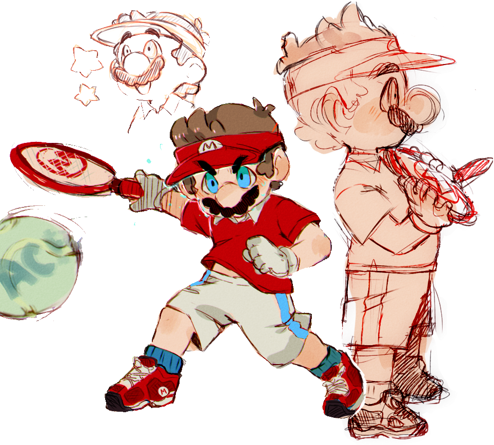 1boy ball big_nose blue_eyes blue_socks blue_stripes brown_hair clenched_hand collar collared_shirt cutie-png english_commentary facial_hair flying_sweatdrops from_side gloves holding_tennis_racket letter looking_at_object mario mario_tennis_aces midriff_peek mustache nintendo official_alternate_costume racket red_footwear red_headwear red_shirt shirt shoes short_hair shorts sketch smile sneakers socks star_(symbol) super_mario_bros. sweat t-shirt tennis tennis_ball tennis_racket v-shaped_eyebrows visor_cap white_collar white_gloves white_shorts