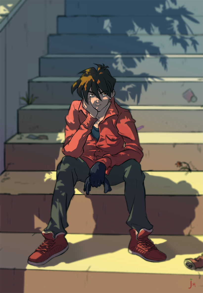 1boy black_shirt breast_pocket brown_hair can collarbone english_commentary gloves gloves_removed gundam gundam_wing hand_on_own_face heero_yuy holding holding_clothes holding_gloves jacket male_focus papricots pocket red_footwear red_jacket shirt short_hair sitting sitting_on_stairs soda_can solo stairs unbuttoned