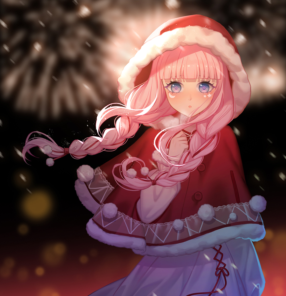 1girl blue_eyes blurry blurry_background braid capelet long_hair long_sleeves looking_at_viewer molianmengdada moon_print original pink_hair red_capelet red_hood shirt snowing solo star_(symbol) star_print twin_braids twintails white_shirt