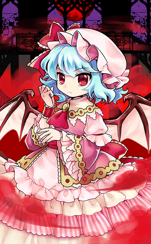 1girl ascot back_bow bat_wings blue_hair bow clenched_hand closed_mouth collared_dress dress fog frilled_cuffs frilled_dress frilled_hat frilled_sleeves frills full_moon hat hat_bow indoors layered_skirt layered_sleeves light_frown long_sleeves looking_at_viewer mob_cap moon night official_art petticoat pink_dress pink_headwear red_ascot red_bow red_moon red_wrist_cuffs remilia_scarlet scarlet_devil_mansion short_hair short_over_long_sleeves short_sleeves single_wrist_cuff skirt socha touhou touhou_cannonball v-shaped_eyebrows window wings wrist_cuffs