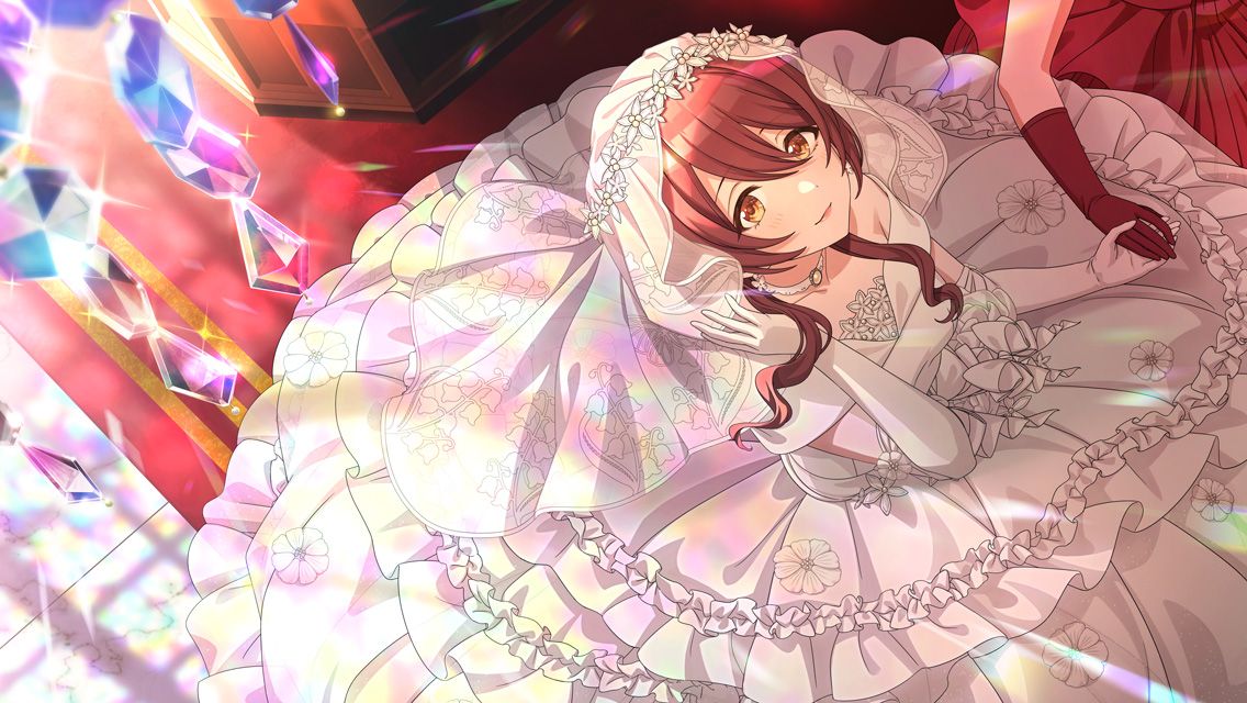 2girls blush bridal_veil bride brown_hair chandelier collarbone dress elbow_gloves glint gloves holding_hands idolmaster idolmaster_shiny_colors light_smile looking_at_viewer looking_up multiple_girls official_art osaki_tenka red_carpet solo_focus veil wedding_dress white_dress white_gloves wife_and_wife