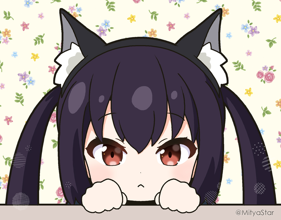 1girl :&lt; animal_ears black_hair brown_eyes cat_ears closed_mouth fake_animal_ears floral_background hair_between_eyes k-on! long_hair looking_at_viewer mitya nakano_azusa portrait solo straight-on twintails twitter_username