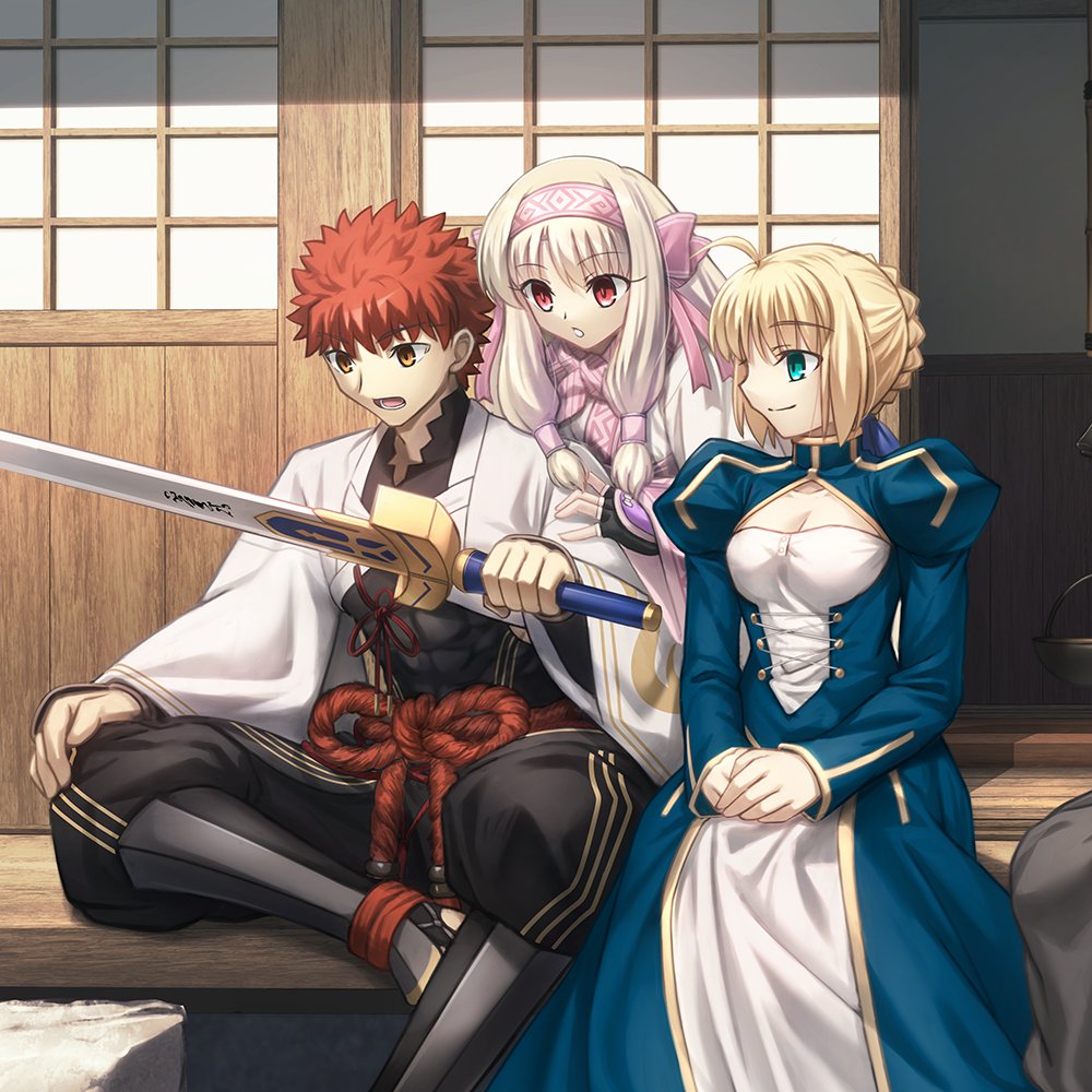 1boy 1girl 2girls ahoge ainu_clothes architecture artoria_pendragon_(fate) blonde_hair blush bow braid breasts covered_abs dress east_asian_architecture emiya_shirou excalibur_(fate/stay_night) fate/grand_order fate/stay_night fate_(series) fingerless_gloves gloves green_eyes hair_bow hair_ribbon hairband holding holding_sword holding_weapon igote illyasviel_von_einzbern japanese_clothes leg_warmers long_hair long_sleeves multiple_girls nagatekkou open_mouth orange_hair outdoors pink_hairband purple_bow purple_gloves purple_hairband purple_scarf red_eyes redhead ribbon rope saber scarf senji_muramasa_(fate) senji_muramasa_(second_ascension)_(fate) shimenawa shoori_(migiha) short_hair sitonai_(fate) smile sword very_long_hair weapon white_hair wide_sleeves yellow_eyes
