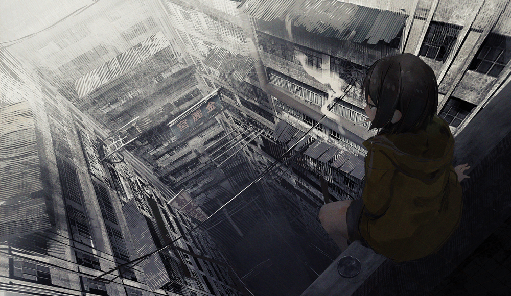 1girl arm_support brown_eyes brown_hair building cigarette city commentary_request day dutch_angle from_behind haru_akira jacket long_sleeves muted_color original outdoors rain raincoat scenery sidelocks sitting smoking solo translation_request yellow_jacket