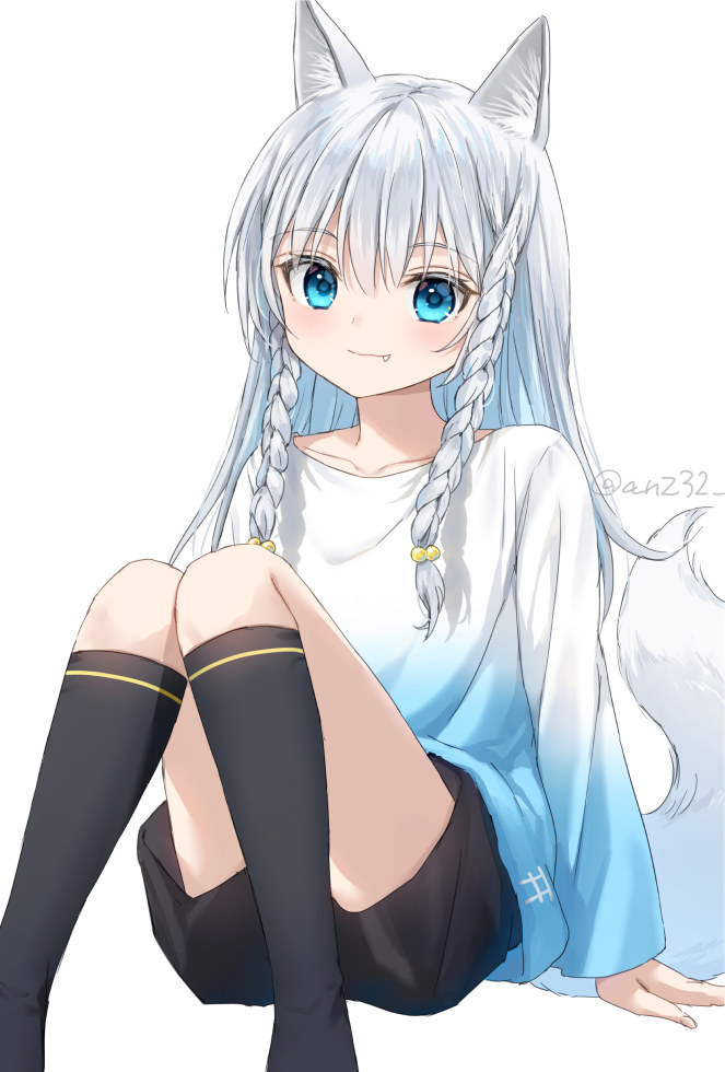 1girl animal_ear_fluff animal_ears anz32 arm_support black_shorts black_socks blue_shirt braid closed_mouth collarbone fang fang_out feet_out_of_frame gradient_shirt grey_hair hair_between_eyes kneehighs knees_together_feet_apart long_hair long_sleeves looking_at_viewer original shirt short_shorts shorts simple_background smile socks solo tail twin_braids twitter_username white_background white_shirt