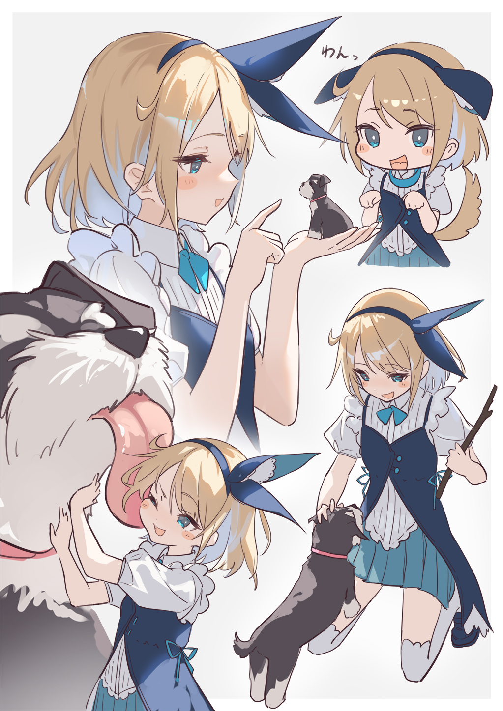 1girl ;d alice_(alice_in_wonderland) alice_in_wonderland animal animal_ear_hairband animal_on_hand blonde_hair blue_coat blue_collar blue_eyes blue_footwear blue_hairband blue_ribbon blue_skirt blush_stickers coat coattails collar collared_shirt dog dog_girl from_side full_body grey_background hairband highres holding holding_stick licking licking_another's_cheek licking_another's_face multiple_views one_eye_closed open_mouth oversized_animal paw_pose petting pleated_skirt puffy_short_sleeves puffy_sleeves ribbon shirt short_sleeves simple_background skirt sleeveless sleeveless_coat smile stick tail thigh-highs upper_body wakuseiy white_shirt white_thighhighs