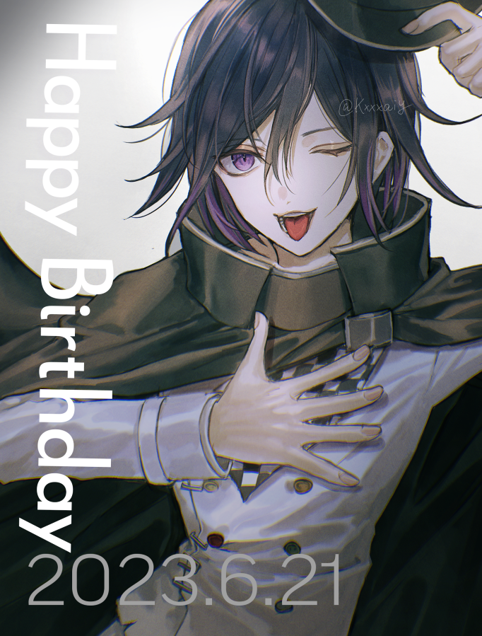 1boy ;p black_cape black_headwear buttons cape checkered_clothes checkered_scarf danganronpa_(series) danganronpa_v3:_killing_harmony dated double-breasted grey_jacket happy_birthday hat holding holding_clothes holding_hat jacket long_sleeves medium_hair oma_kokichi one_eye_closed open_mouth pink_hair purple_hair sakuyu scarf shiny_skin solo tongue tongue_out upper_body