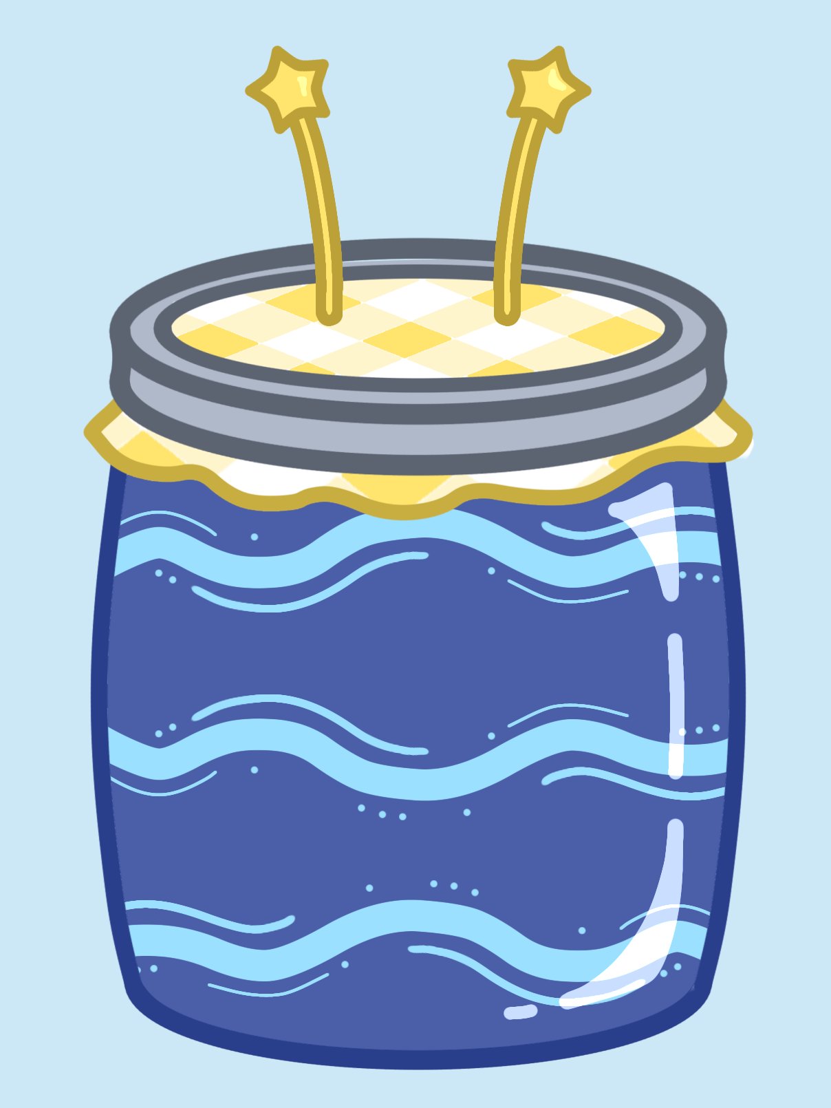 blue_background bunty food_focus highres jam jar jelly_hoshiumi lid liquid no_humans phase_connect plaid simple_background star_(symbol)