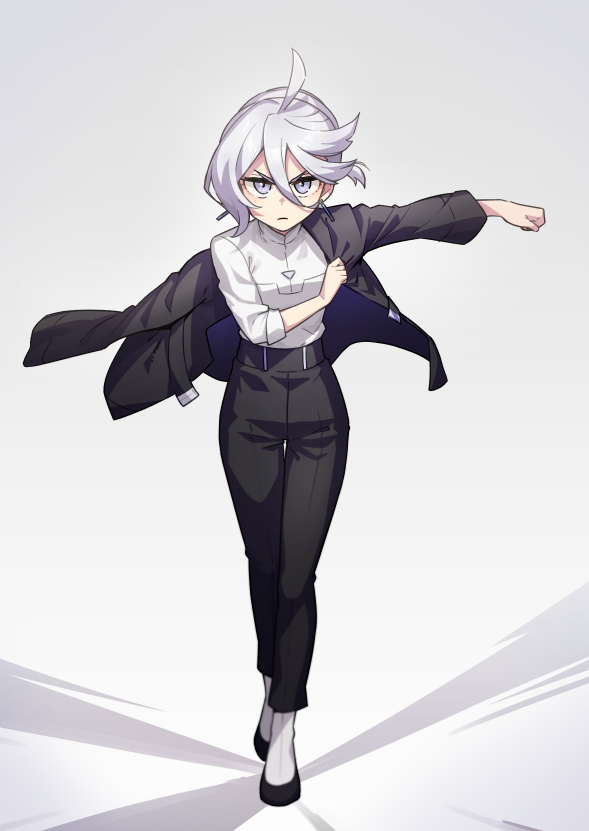 1girl ahoge belt black_pants commentary_request dressing formal full_body grey_eyes grey_hair gundam gundam_suisei_no_majo heebee looking_at_viewer miorine_rembran pant_suit pants serious shirt solo straight-on suit swept_bangs white_shirt
