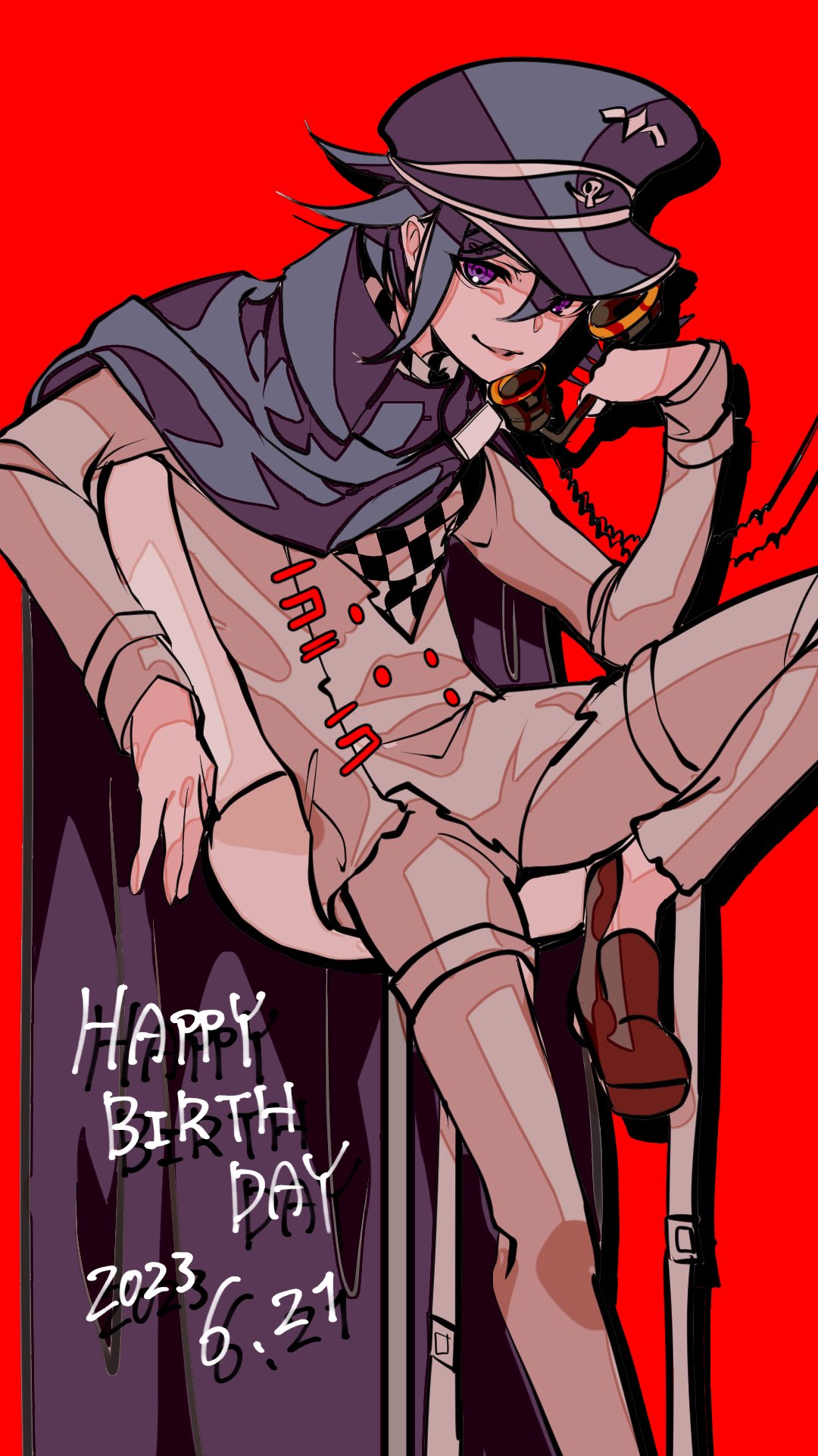 1boy 2023 black_cape black_headwear brown_footwear buttons cape chair checkered_clothes checkered_scarf chinsha_(g0_mennasa1) danganronpa_(series) danganronpa_v3:_killing_harmony dated double-breasted grey_jacket grey_pants hand_up happy_birthday highres holding holding_phone jacket knee_up long_sleeves looking_at_viewer oma_kokichi pants phone red_background scarf sitting solo