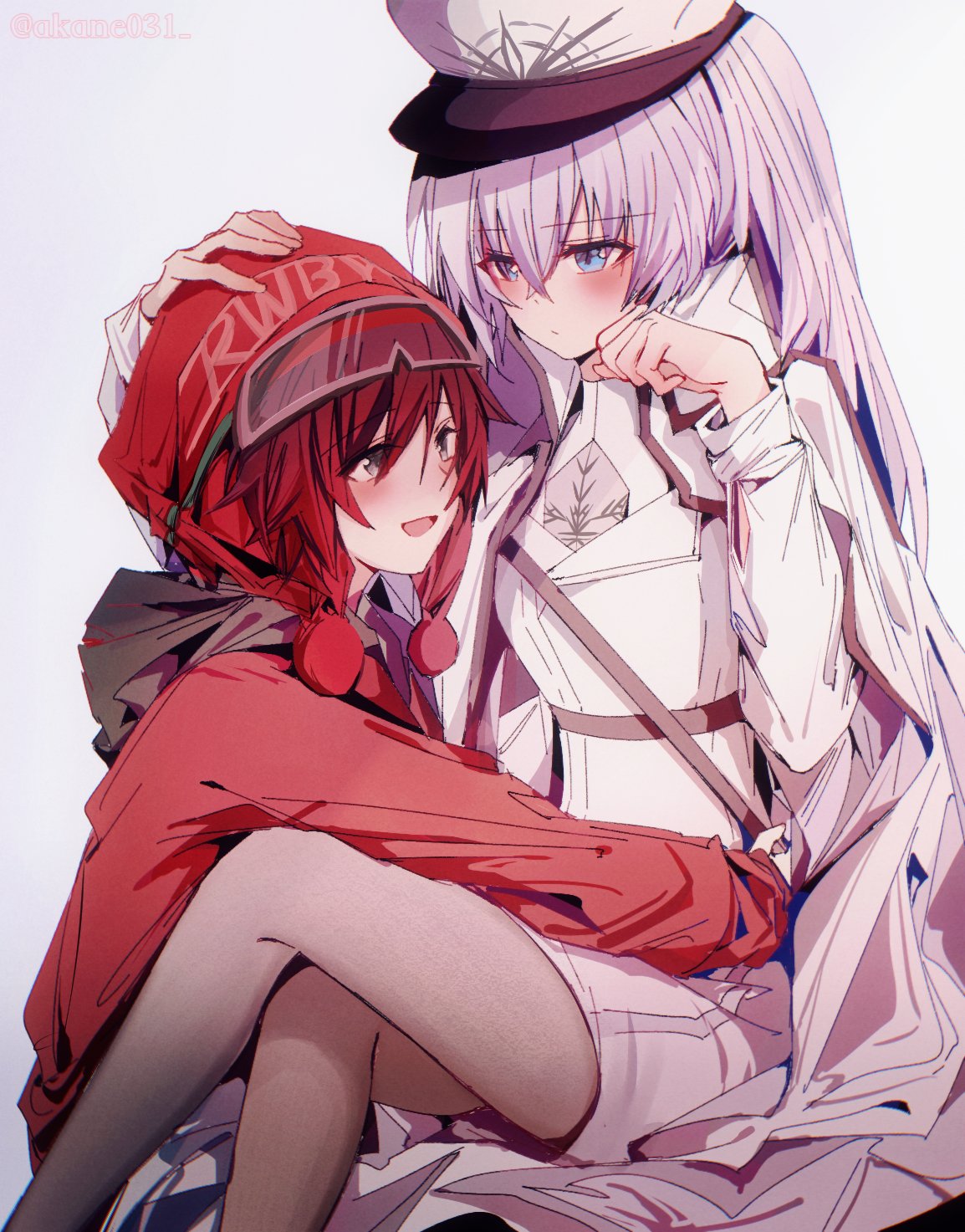 akane031 arms_around_waist blue_eyes blush crossed_legs gradient_hair grey_eyes hand_on_another's_head highres long_hair military_uniform multicolored_hair open_mouth pantyhose ruby_rose rwby short_hair sitting uniform weiss_schnee white_hair winter_clothes yuri