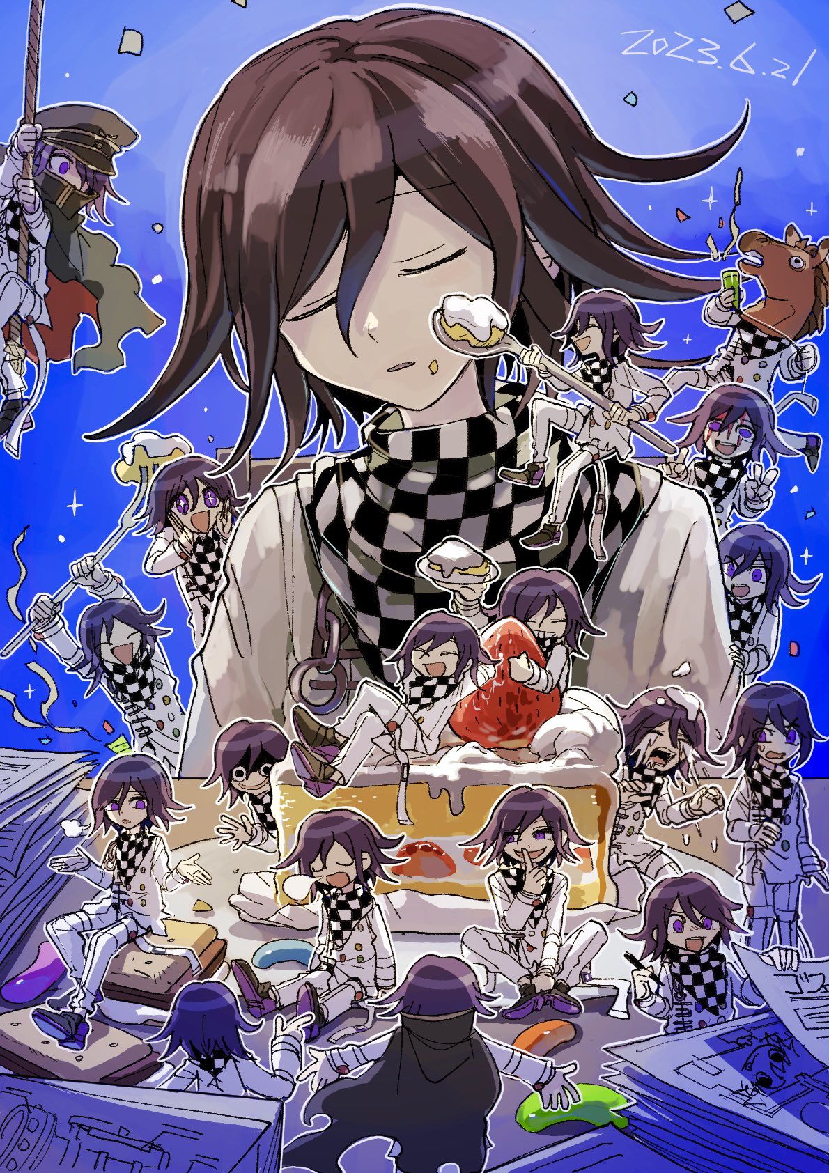 6+boys :d black_cape blue_background brown_hair cake cape checkered_clothes checkered_scarf chibi crazy_eyes crazy_smile cream crying danganronpa_(series) danganronpa_v3:_killing_harmony dated food food_on_face fork hair_between_eyes highres holding holding_fork holding_spoon horse_hat jacket kumakoro_(tetsupag) long_sleeves male_focus multiple_boys multiple_persona oma_kokichi pants paper scarf shoes short_hair sitting sleeping smile spoon strawberry_shortcake torn_cape torn_clothes violet_eyes white_jacket