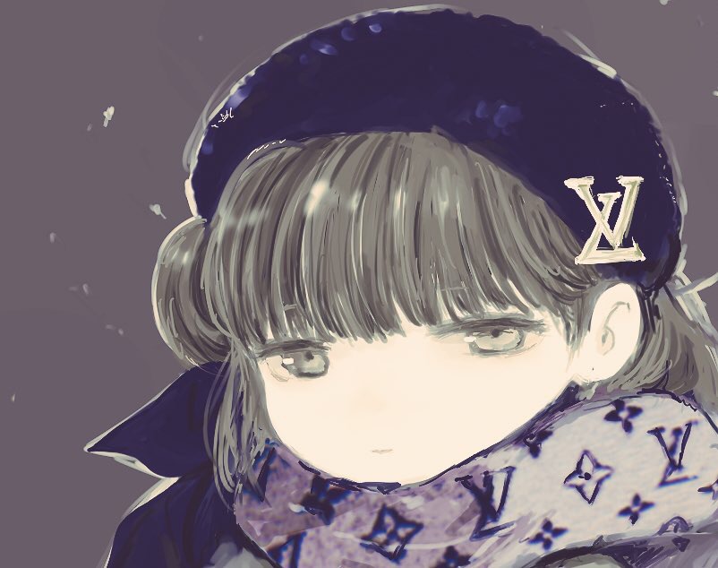 1girl beret black_headwear brown_eyes brown_hair closed_mouth commentary_request enpera expressionless grey_scarf hair_behind_ear half-closed_eyes hat hatoba_tsugu looking_at_viewer louis_vuitton_(brand) medium_hair outline patterned_clothing portrait purple_background rokka_seira scarf simple_background single_hair_ring solo tsugu_(vtuber) virtual_youtuber
