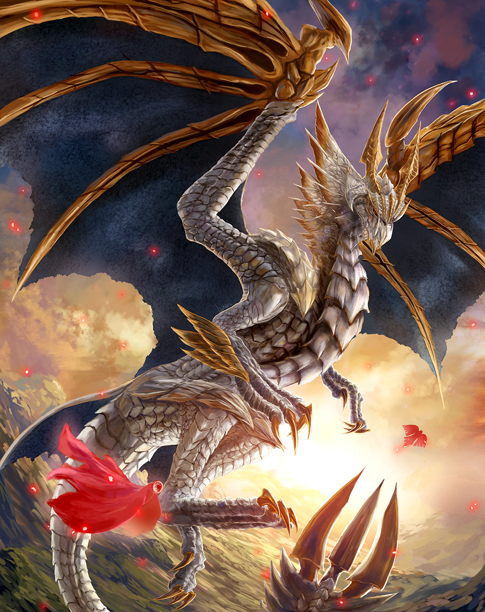 bearluxe claws dragon dragon_horns dragon_wings gold_horns highres horns malzeno_(monster_hunter) monster monster_hunter_(series) primordial_malzeno_(monster_hunter) qurio_(monster_hunter) sharp_teeth sky spiked_tail sun tail teeth white_scales wings