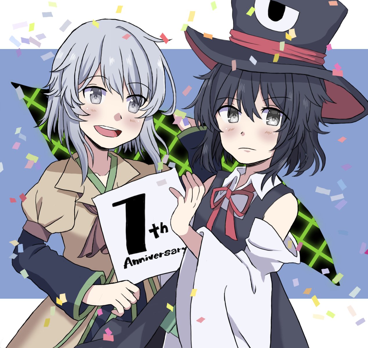 2others anniversary black_coat black_eyes black_hair black_headwear black_shorts black_sleeves blue_background blush bow bowtie brown_coat closed_mouth coat collared_coat collared_shirt confetti detached_sleeves dimensional_hole english_commentary english_text enraku_tsubakura eye_on_hat frown green_skirt green_trim grey_eyes grey_hair hakama hakama_short_skirt hakama_skirt hat hat_ribbon highres holding holding_sign houlen_yabusame japanese_clothes layered_sleeves len'en long_sleeves multiple_others open_mouth puffy_short_sleeves puffy_sleeves red_bow red_bowtie red_ribbon ribbon shirt short_hair short_hair_with_long_locks short_over_long_sleeves short_sleeves shorts sign skirt sleeveless_coat smile teeth top_hat upper_teeth_only white_shirt white_sleeves wide_sleeves ximsol182