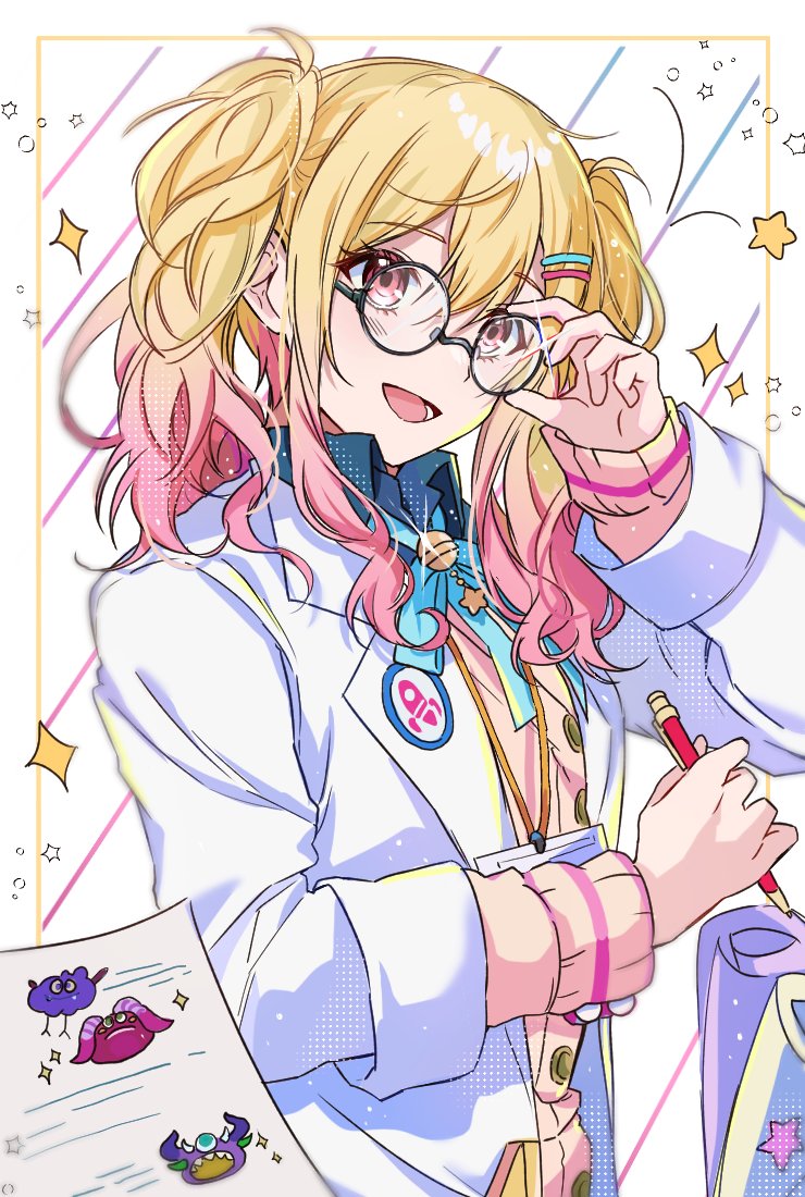 1girl adjusting_eyewear alien aqua_ribbon badge bespectacled black-framed_eyewear blonde_hair blurry button_badge buttons cardigan ceiling39 collared_shirt commentary_request diagonal_stripes diamond_(shape) double-parted_bangs drawing framed get_over_it._(project_sekai) glasses glint gradient_hair hair_between_eyes hair_over_shoulder head_only holding holding_pencil id_card korean_commentary lab_coat lanyard lapels long_hair long_sleeves looking_ahead looking_at_viewer mechanical_pencil multicolored_hair neck_ribbon notched_lapels official_alternate_costume open_clothes open_collar open_labcoat paper pencil pink_cardigan pink_eyes pink_hair pink_stripes project_sekai ribbon rocket rolled_up_paper round_eyewear scientist shirt single_stripe sleeves_rolled_up solo star_(symbol) striped striped_background tenma_saki twintails upper_body wavy_hair white_background