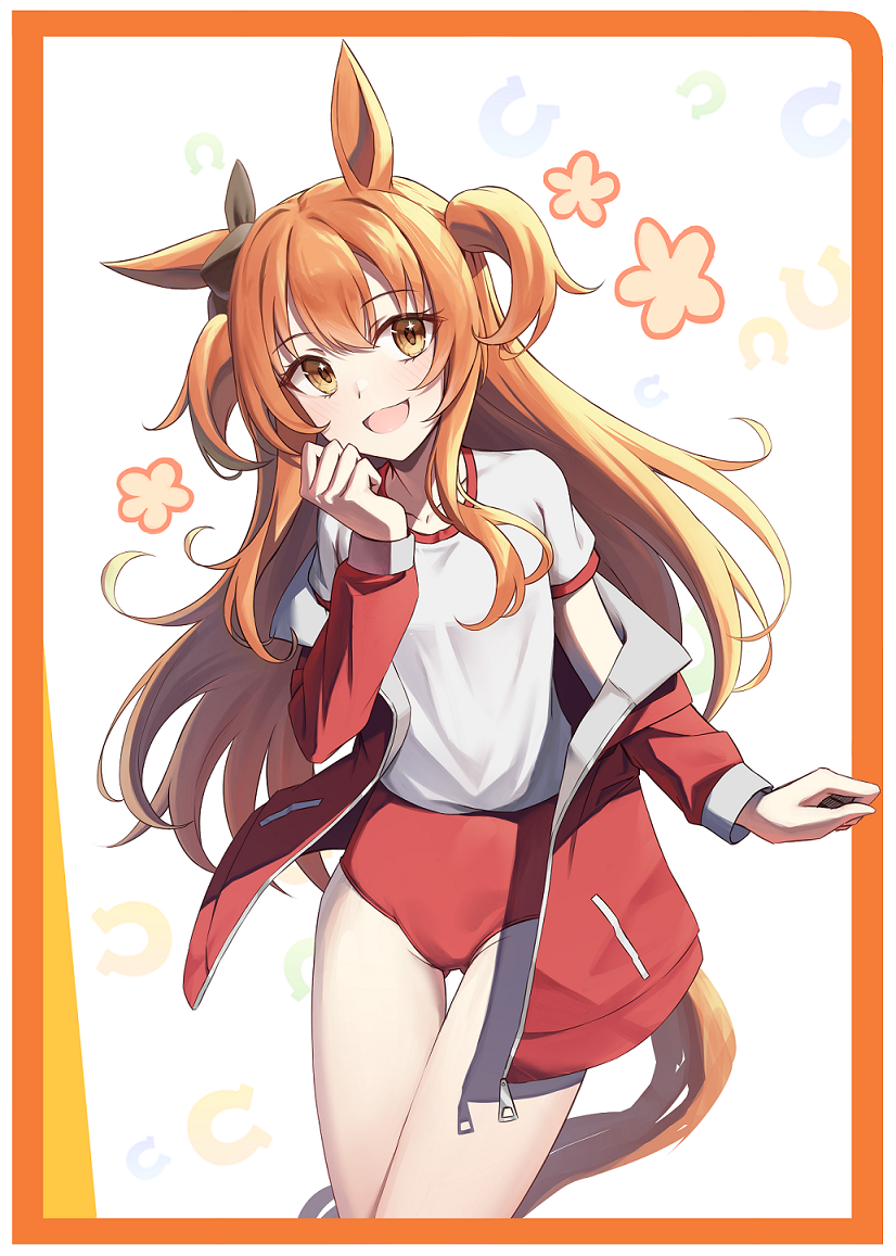 1girl alternate_costume animal_ears blush bneoul breasts buruma collarbone commentary_request gym_uniform hair_ornament horse_ears horse_girl jacket looking_at_viewer mayano_top_gun_(umamusume) open_mouth orange_eyes orange_hair simple_background small_breasts solo twintails two_side_up umamusume
