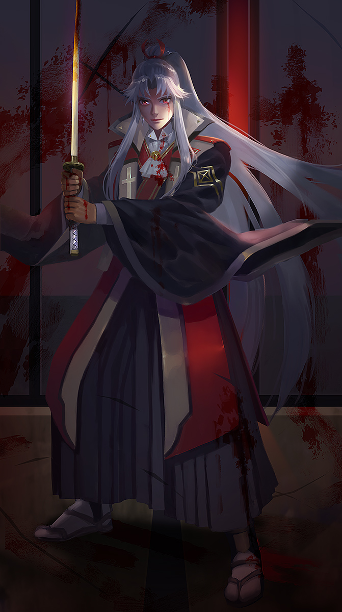 1boy amakusa_shirou_(fate) blood blood_on_clothes blood_on_face blood_on_hands blood_on_weapon cross fate/apocrypha fate/grand_order fate_(series) full_body haori highres holding holding_sword holding_weapon japanese_clothes katana peach_(marslave) ponytail red_eyes shoes shouji sliding_doors solo sword uwabaki weapon white_hair
