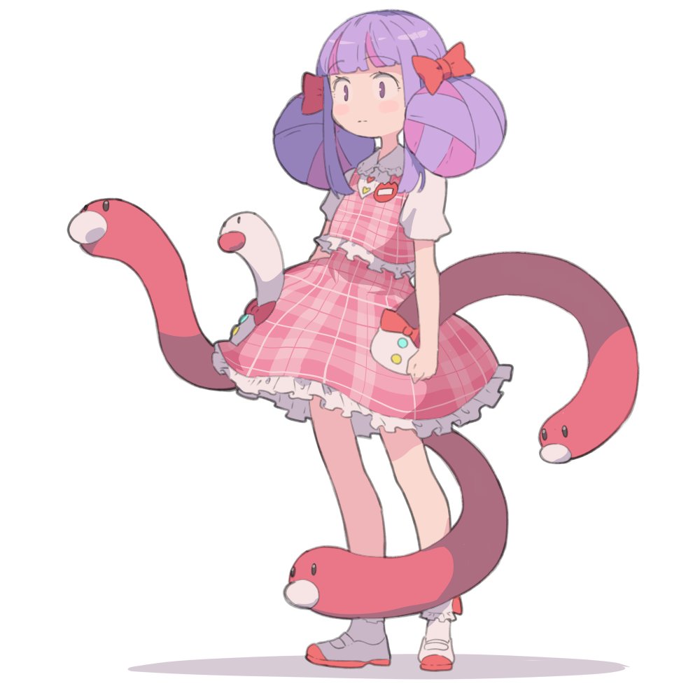 1girl blunt_bangs bow character_request closed_mouth copyright_request double_bun frilled_skirt frills full_body hair_bow hair_bun multicolored_hair pink_hair pokemon pokemon_(creature) purple_hair red_bow shimazaki1152 short_sleeves simple_background skirt skirt_set standing violet_eyes white_background wiglett wugtrio