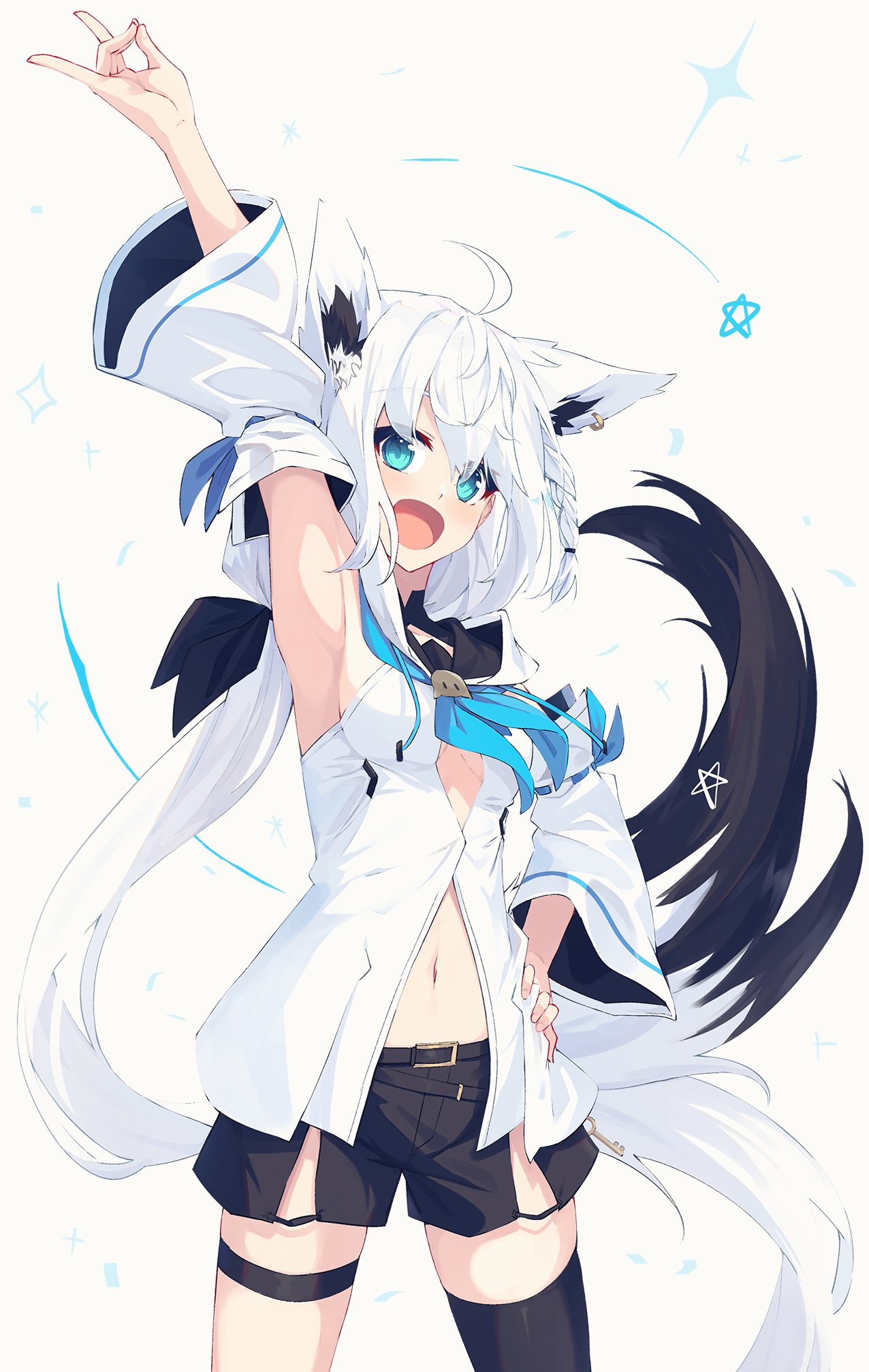 1girl ahoge animal_ears ankle_boots aqua_eyes blue_neckerchief blush boots braid breasts cowboy_shot detached_sleeves earrings extra_ears fold-over_boots fox_ears fox_girl fox_shadow_puppet fox_tail hair_between_eyes hand_on_own_hip highres jewelry long_hair looking_at_viewer low_ponytail midriff_peek nagishiro_mito navel neckerchief open_mouth pentagram shirakami_fubuki shirakami_fubuki_(1st_costume) shorts side_braid simple_background single_earring single_thighhigh small_breasts smile smiley_face solo standing straight-on tail thigh-highs thigh_strap virtual_youtuber white_background white_hair