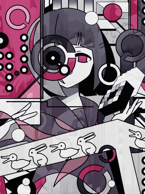 1girl abstract black_hair black_serafuku blunt_bangs blunt_ends bob_cut commentary double_exposure expressionless eye_chart floating_hair hanareau_zero_(vocaloid) hands_up impossible_cube inverted_colors landolt_c limited_palette looking_at_viewer machigami_yoh neckerchief no_mouth no_pupils occluder one_eye_covered optical_illusion penrose_stairs rabbit-duck_illusion red_eyes red_neckerchief school_uniform serafuku short_hair solo straight-on upper_body