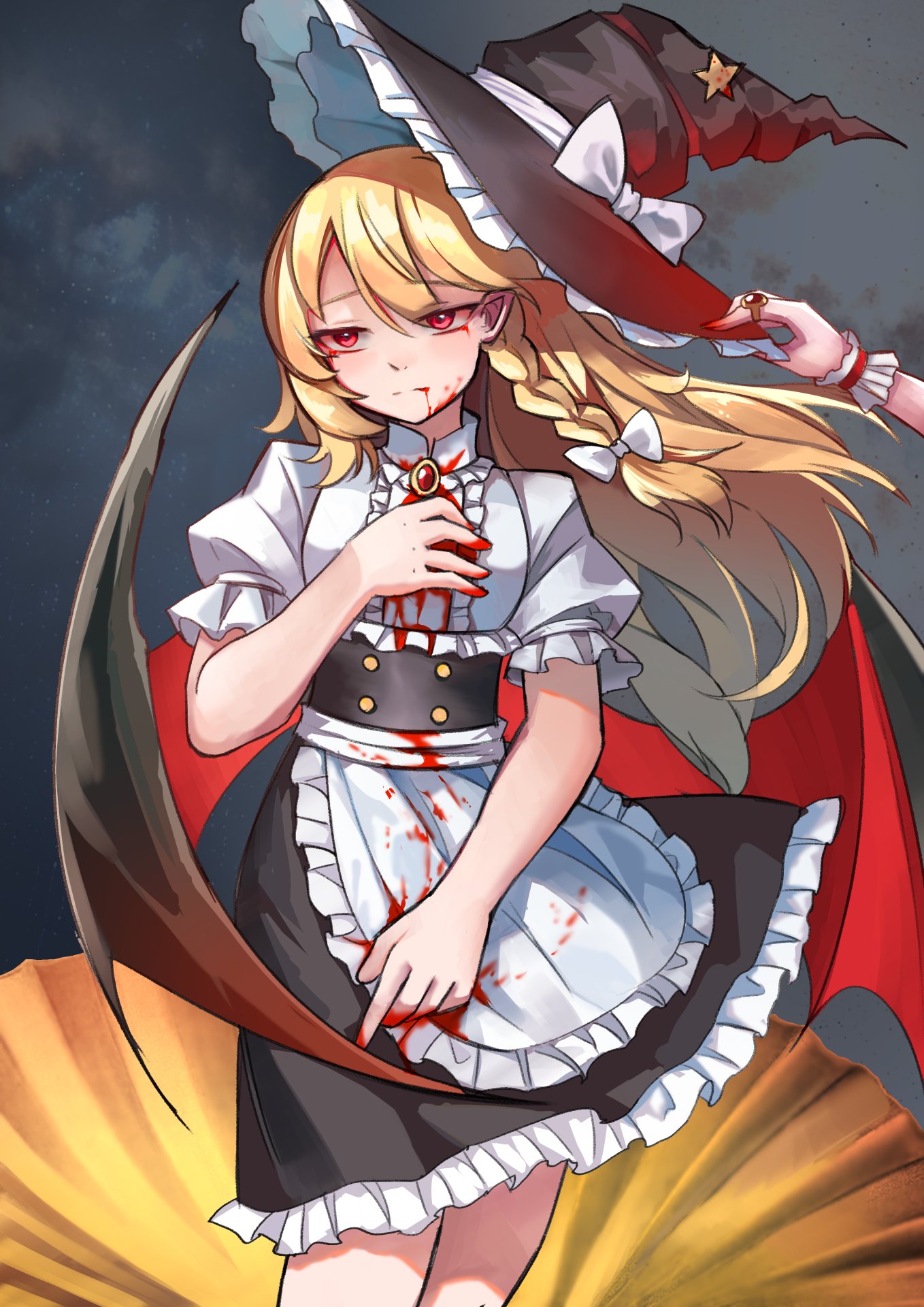 1girl a-xii apron bat_wings black_headwear black_skirt blonde_hair blood blood_on_face blood_on_hands blood_splatter bow braid buttons center_frills chinese_commentary closed_mouth clouds cloudy_sky collared_shirt commentary_request frilled_apron frilled_cuffs frilled_hat frilled_skirt frilled_sleeves frills frown gem hair_bow hand_on_another's_hat hand_on_own_chest hat hat_bow hat_ribbon highres jewelry kirisame_marisa long_hair monsterification neck_jewel puffy_short_sleeves puffy_sleeves red_eyes red_gemstone remilia_scarlet ribbon ring shirt short_sleeves single_braid single_wrist_cuff skirt sky touhou vampire waist_apron white_apron white_bow white_ribbon white_shirt wings witch_hat wrist_cuffs