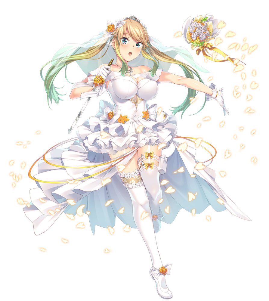 1girl blonde_hair blush bouquet_toss breasts dress escalation_heroines frilled_dress frills gin_(ginshari) gloves green_eyes high_heels holding holding_sword holding_weapon jewelry large_breasts necklace official_art open_mouth pleated_dress suzumori_raika sword thigh-highs twintails weapon wedding_dress