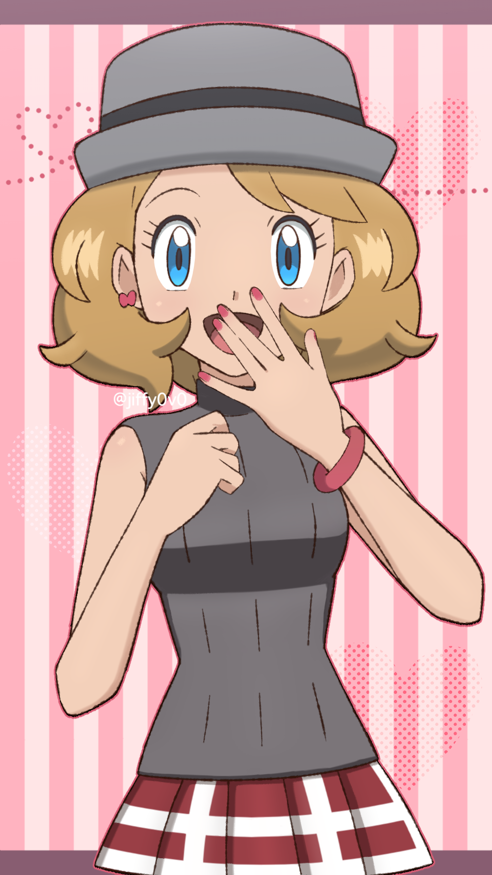 1girl :d blonde_hair blue_eyes bracelet commentary earrings eyelashes grey_headwear grey_sweater hands_up hat heart highres jewelry jiffy0v0 looking_at_viewer medium_hair nail_polish open_mouth pink_background pink_nails pleated_skirt pokemon pokemon_(anime) pokemon_journeys red_skirt serena_(pokemon) skirt smile solo sweater sweater_vest tongue watermark