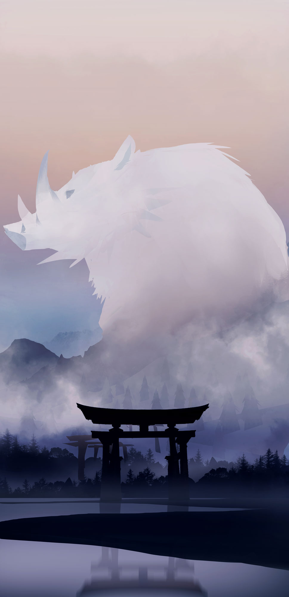 animal boar commentary_request fog forest haru_akira highres mountainous_horizon multiple_torii nature no_humans original outdoors oversized_animal partial_commentary reflection scenery silhouette surreal torii water