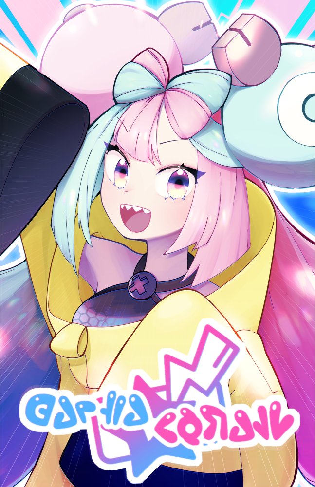 1girl blue_hair bow-shaped_hair character_hair_ornament hair_ornament iono_(pokemon) jacket long_sleeves looking_at_viewer multicolored_hair open_mouth pink_hair pokemon pokemon_(game) pokemon_sv sharp_teeth sleeves_past_fingers sleeves_past_wrists solaria_aa solo teeth two-tone_hair upper_body upper_teeth_only wide_sleeves yellow_jacket