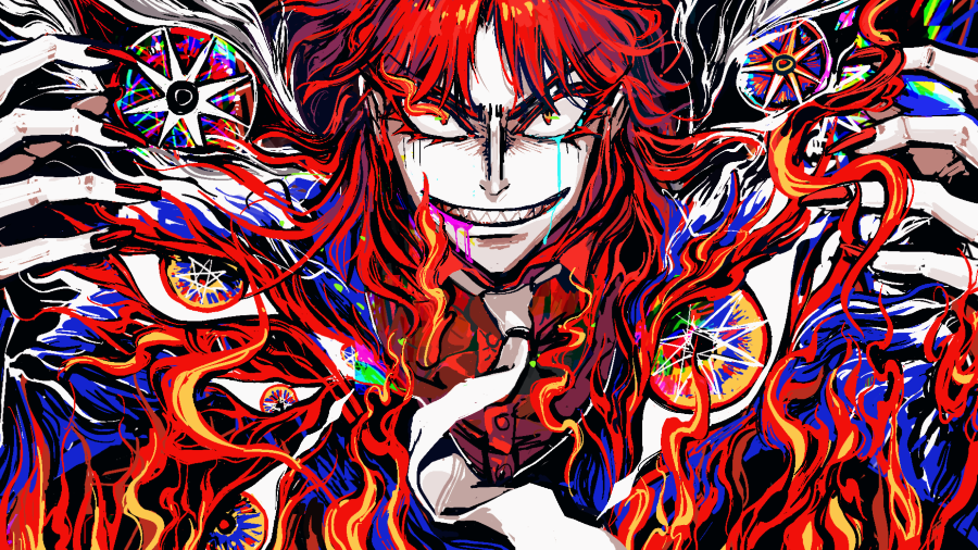 1boy abstract blood blood_from_eyes blood_from_mouth blue_blood blue_jacket collared_shirt commentary_request extra_eyes fingernails fire flaming_eye formal grin ichijou_seiya jacket kaiji long_hair looking_at_viewer male_focus medium_bangs necktie purple_blood red_eyes red_nails red_shirt redhead sharp_fingernails sharp_teeth shirt smile solo suit teeth unknown03162 upper_body v-shaped_eyebrows white_necktie