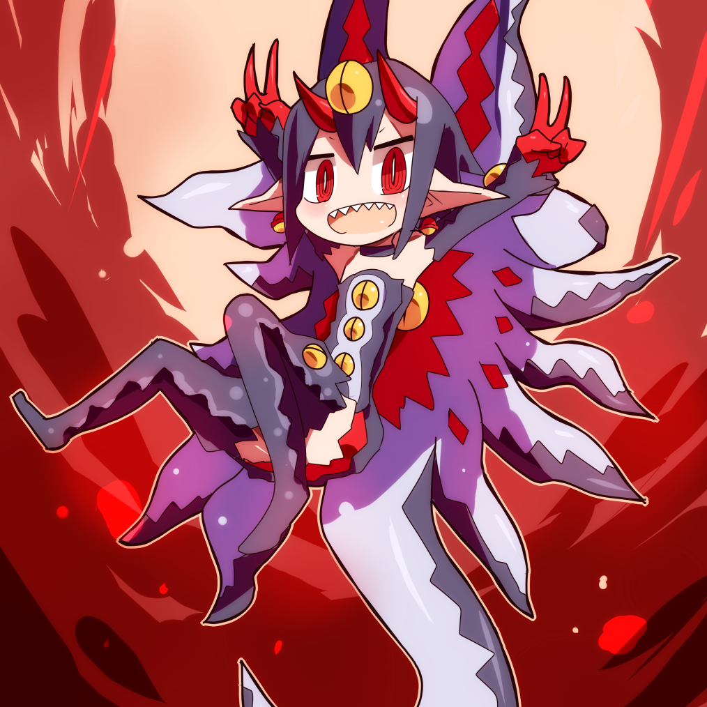 1girl :d boots choker commentary_request desco_(disgaea) detached_sleeves disgaea double_v dress earrings extra_eyes floating gloves hair_between_eyes horns ikao jewelry jingle_bell_earrings looking_at_viewer makai_senki_disgaea_4 monster_girl open_mouth partial_commentary pointy_ears purple_choker purple_dress purple_footwear purple_hair purple_sleeves red_eyes red_gloves red_horns ringed_eyes sharp_teeth short_hair sleeveless sleeveless_dress slit_pupils smile solo tail teeth tentacles thigh-highs thigh_boots upper_teeth_only v yellow_eyes