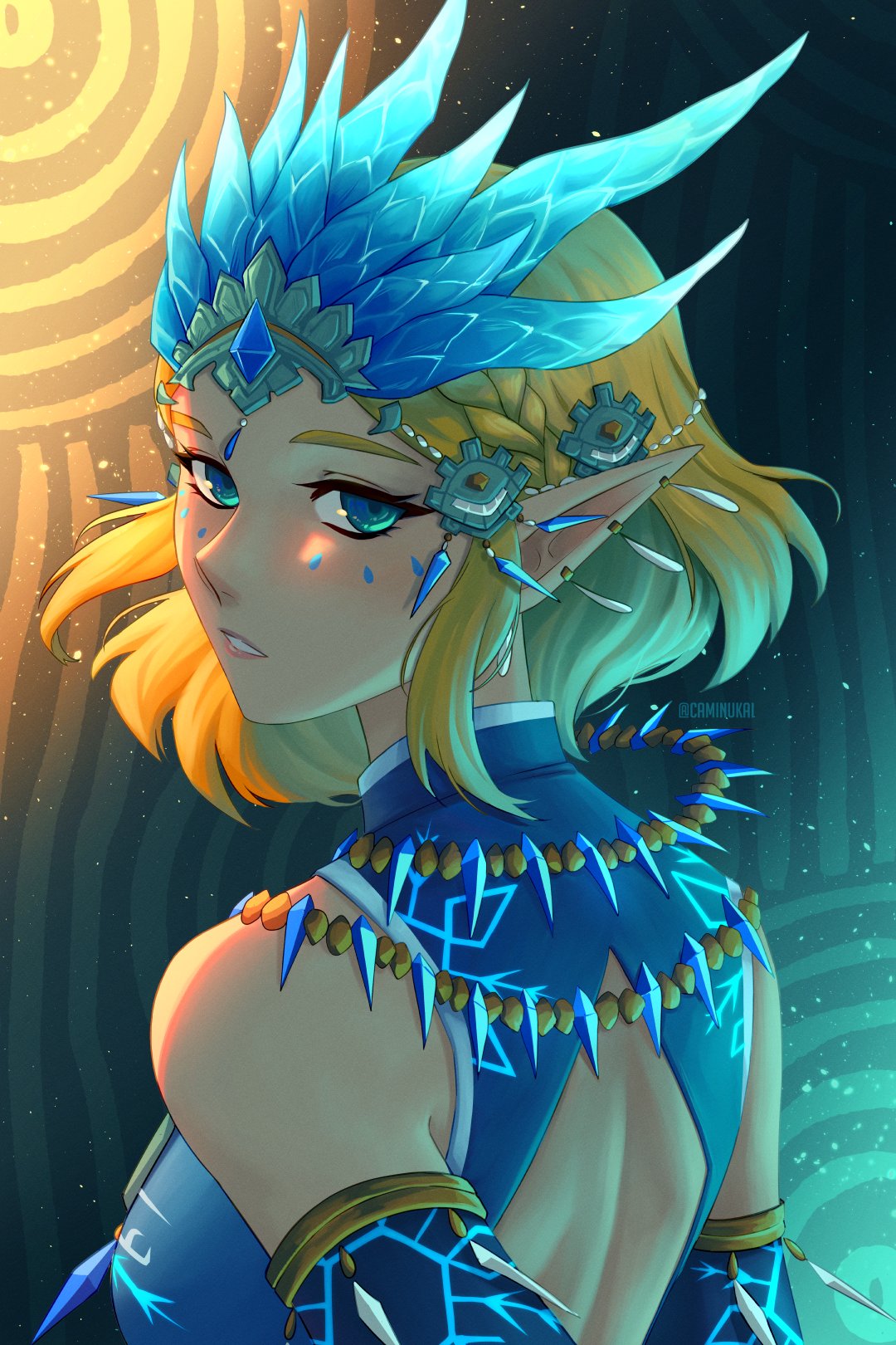 1girl artist_name back_cutout bare_shoulders blonde_hair blue_dress blue_eyes breasts caminukai clothing_cutout dress ear_piercing earrings green_hair hair_ornament highres jewelry large_breasts medium_hair multicolored_background multicolored_hair necklace parted_lips piercing princess_zelda solo teeth the_legend_of_zelda the_legend_of_zelda:_tears_of_the_kingdom two-tone_hair