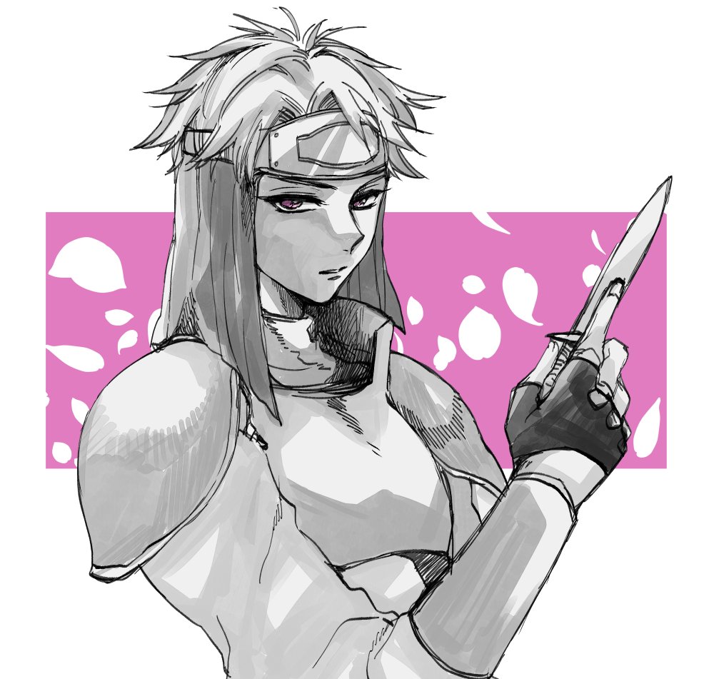 1girl circlet cleo_(suikoden) closed_mouth fingerless_gloves gensou_suikoden gensou_suikoden_i gloves greyscale headband holding holding_weapon knife looking_at_viewer menosgland monochrome short_hair shoulder_pads solo very_short_hair weapon white_background