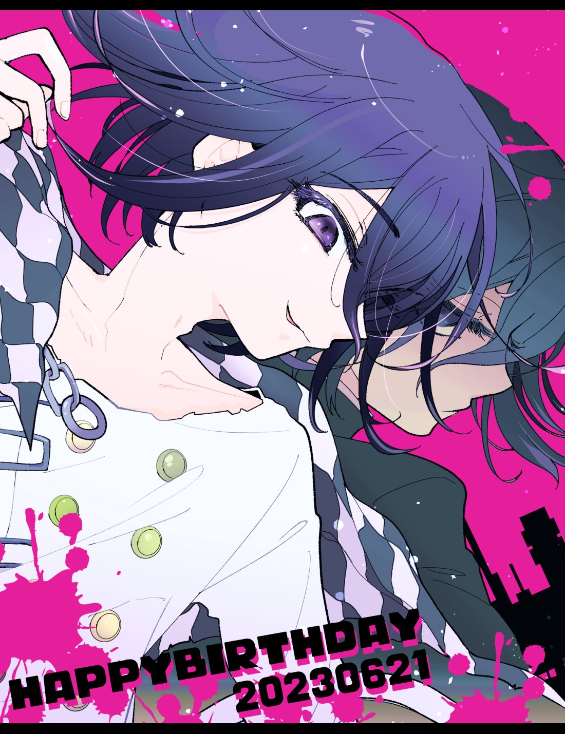 2boys black_background black_hair blood blood_splatter buttons checkered_clothes checkered_scarf danganronpa_(series) danganronpa_v3:_killing_harmony dated double-breasted dual_persona happy_birthday highres jacket long_sleeves multicolored_hair multiple_boys official_alternate_costume oma_kokichi pink_background pink_blood pink_hair purple_hair scarf smile suzuko_(katahaba_v3) two-tone_hair upper_body violet_eyes white_jacket