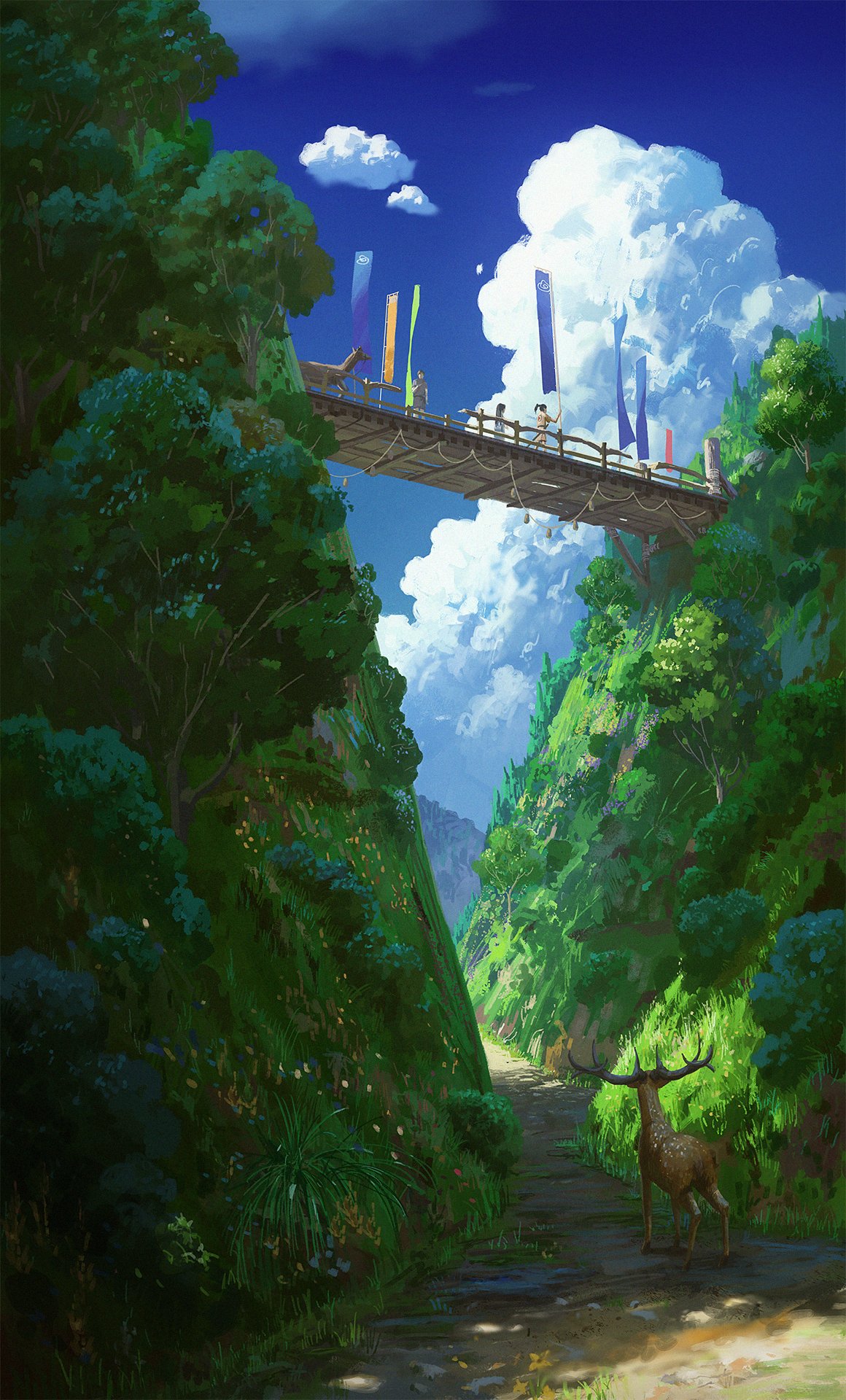 1girl 2boys animal_focus blue_sky bridge chinese_commentary clouds commentary_request cyclecircle day deer flag forest grass highres landscape multiple_boys nature original outdoors road rope scenery sky sunlight tree valley walking