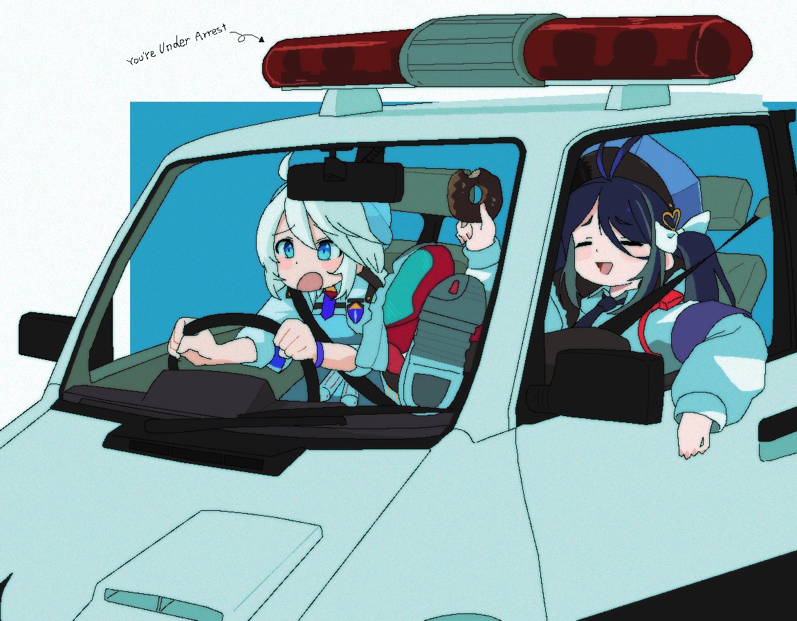 2girls antenna_hair blue_archive blue_eyes blue_hair car closed_eyes commentary doughnut driving english_text food fubuki_(blue_archive) hair_between_eyes hair_ornament hair_ribbon hat heart heart_hair_ornament holding holding_food kirino_(blue_archive) long_hair long_sleeves mapotofu_(crcj7242) motor_vehicle multiple_girls necktie open_mouth police police_car police_uniform policewoman ribbon shoes sneakers symbol-only_commentary uniform white_hair white_ribbon