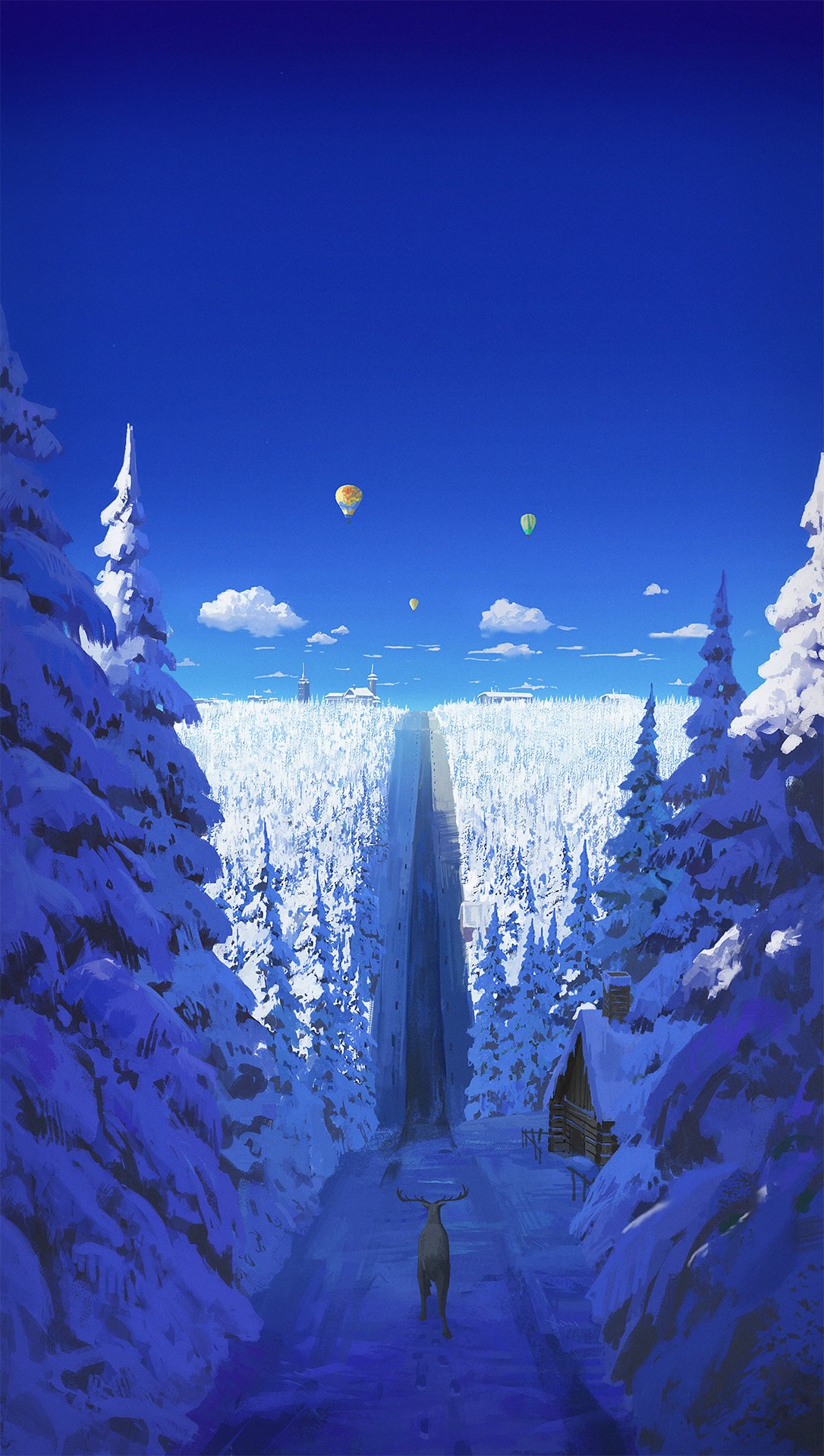 aircraft blue_sky building clouds commentary cyclecircle day deer english_commentary fence forest highres hot_air_balloon hut nature no_humans original outdoors road scenery shadow sky snow tree wide_shot