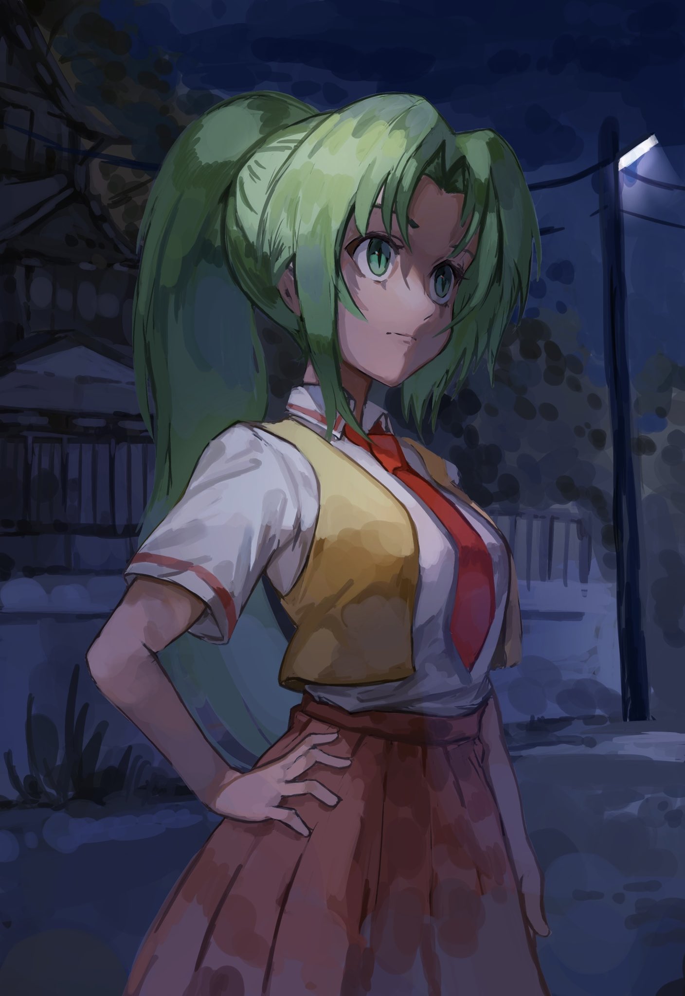 1girl breasts closed_mouth collared_shirt cowboy_shot fence frown green_eyes green_hair hair_intakes hand_on_own_hip high-waist_skirt highres higurashi_no_naku_koro_ni lamppost long_hair medium_breasts nasubin_(nasubisamurai15) necktie night open_clothes open_vest outdoors pleated_skirt ponytail red_necktie red_skirt road school_uniform shaded_face shirt short_sleeves sidelocks skirt solo sonozaki_mion standing street very_long_hair vest wing_collar yellow_vest