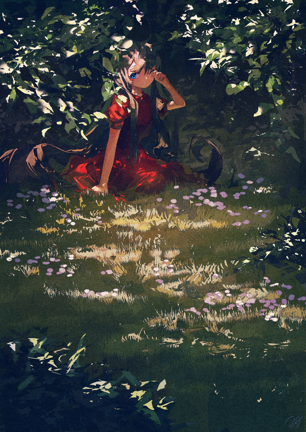 1girl blue_eyes commentary dappled_sunlight day dress flower grass green_theme highres on_grass on_ground original outdoors potg_(piotegu) puffy_short_sleeves puffy_sleeves red_dress shade short_sleeves sitting solo sunlight