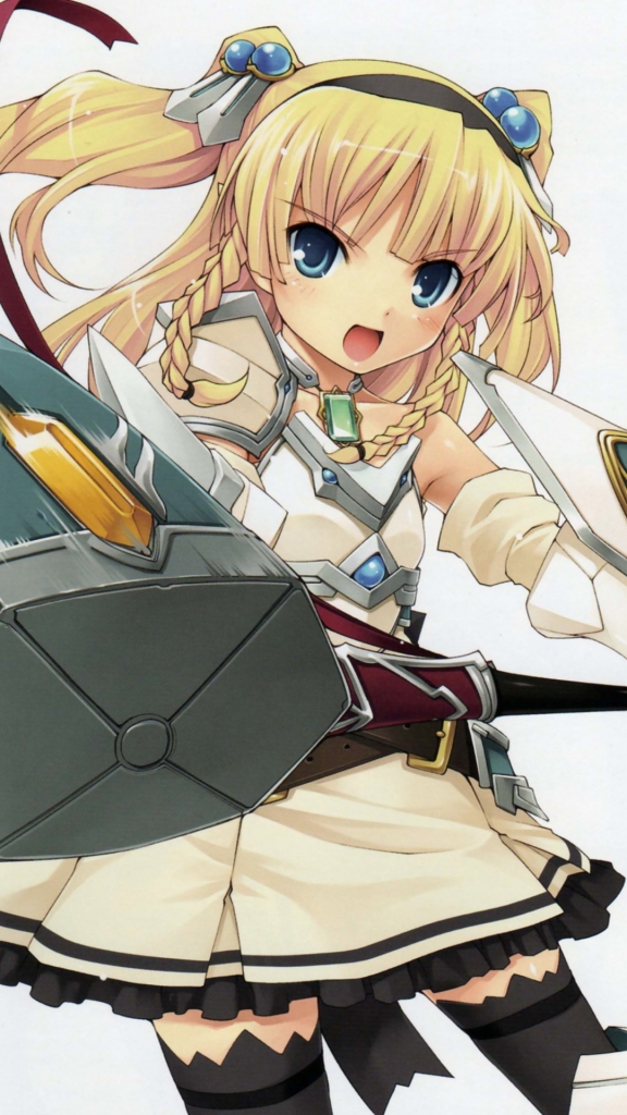 1girl armor armored_dress blonde_hair dress eilin_(queen's_blade) gem greaves hammer hiiro_yuki jewelry looking_at_viewer open_mouth queen's_blade queen's_blade_rebellion solo twintails white_background white_dress