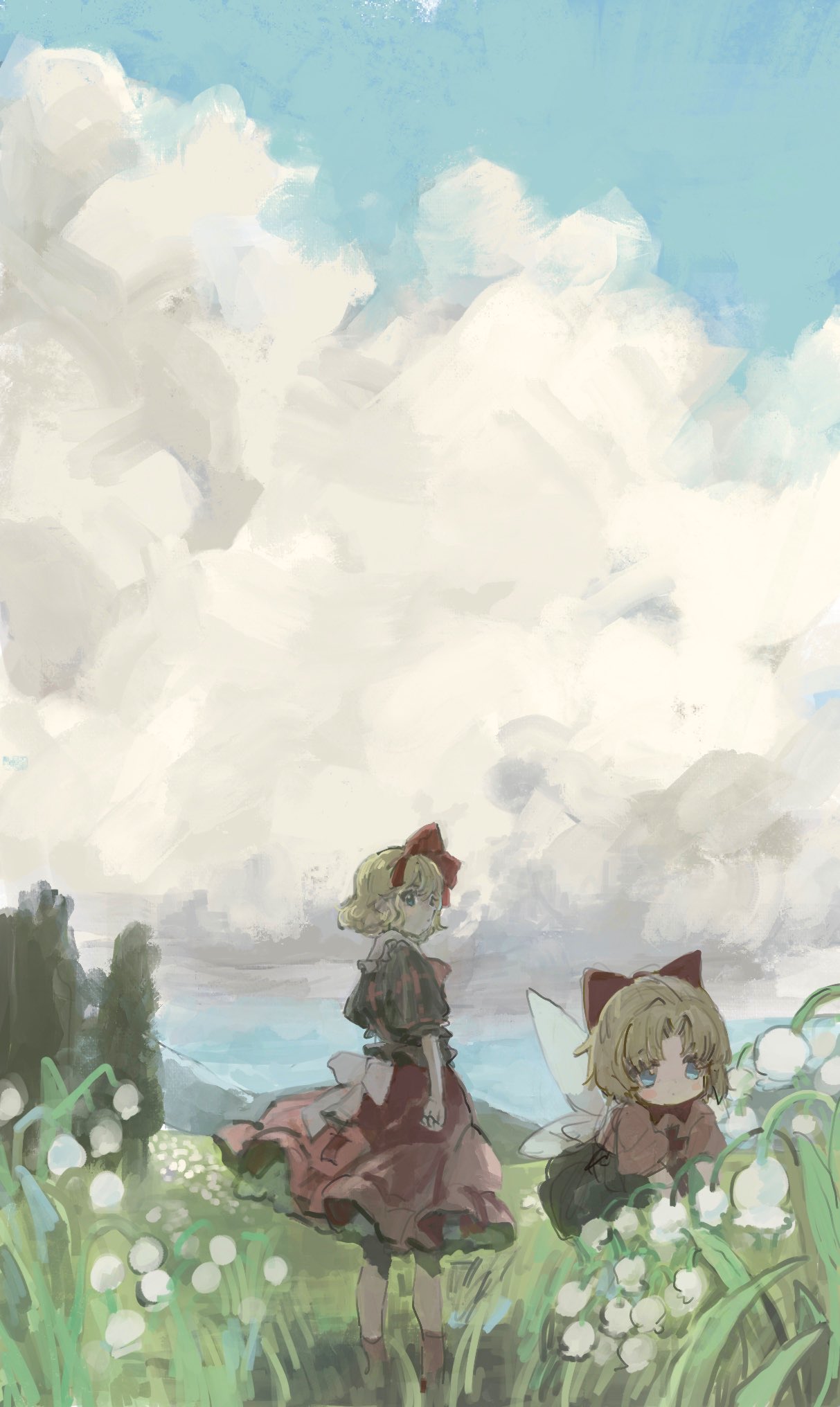 2girls black_shirt blonde_hair blue_eyes blue_sky bow clouds commentary_request flower full_body hair_bow highres lily_of_the_valley medicine_melancholy multiple_girls outdoors red_bow red_skirt shirt short_hair short_sleeves skirt sky su-san touhou white_flower wings yokunomou