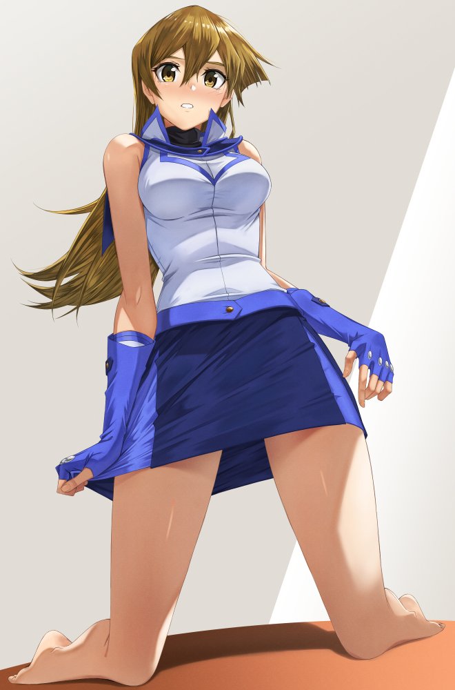 1girl bare_shoulders barefoot blonde_hair blue_skirt blush breasts buttons clothes_pull commentary_request commission duel_academy_uniform_(yu-gi-oh!_gx) fingerless_gloves full_body gloves kneeling long_hair looking_at_viewer medium_breasts miniskirt parted_lips rourou_ill shiny_skin simple_background skeb_commission skirt skirt_hold skirt_pull sleeveless tenjouin_asuka thighs toes turtleneck yellow_eyes yu-gi-oh! yu-gi-oh!_gx